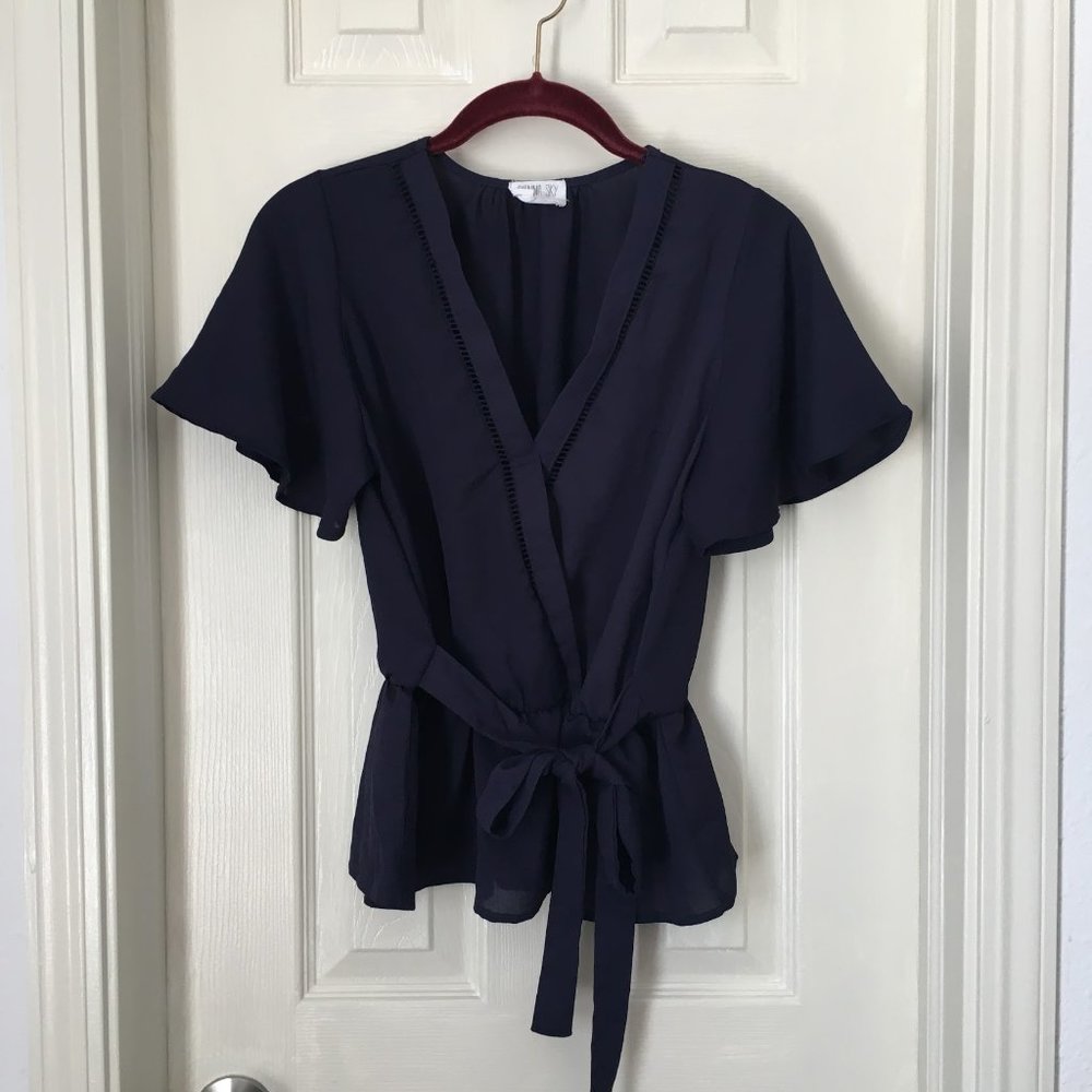 Navy Wrap Blouse with Front Tie